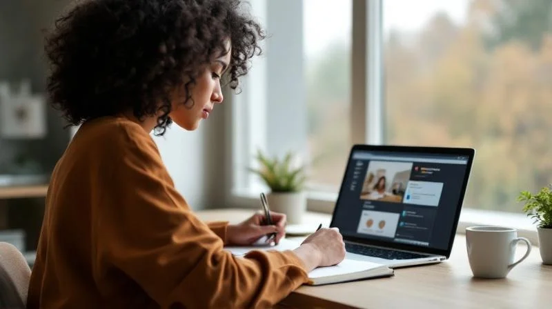 Frau nimmt an einem Online-Kurs teil und macht sich Notizen, mit Blick auf München durch das Fenster