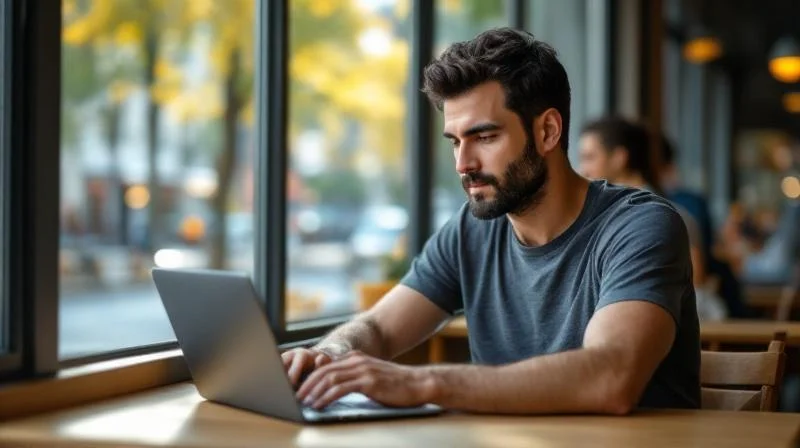 Mann arbeitet konzentriert am Laptop in einem Münchner Cafe mit Blick nach draußen