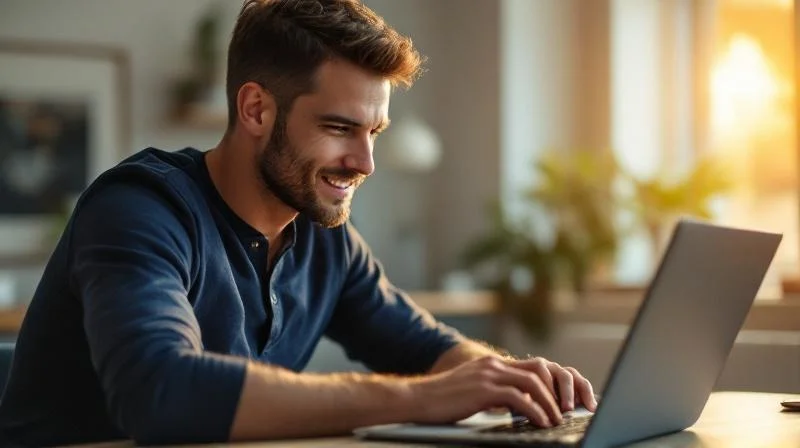 Mann arbeitet konzentriert am Laptop in einer modernen Münchner Wohnung